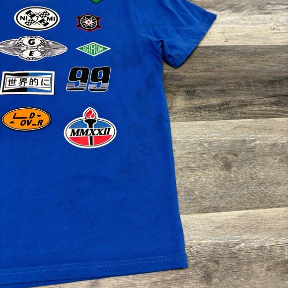 First Row First Never Last Blue Mens L Racing Sportscar Chenille Patch T-Shirt - Picture 10 of 12